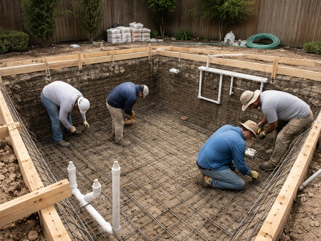 Workers install a gunite pool in an excavated backyard with rebar and basic construction materials.