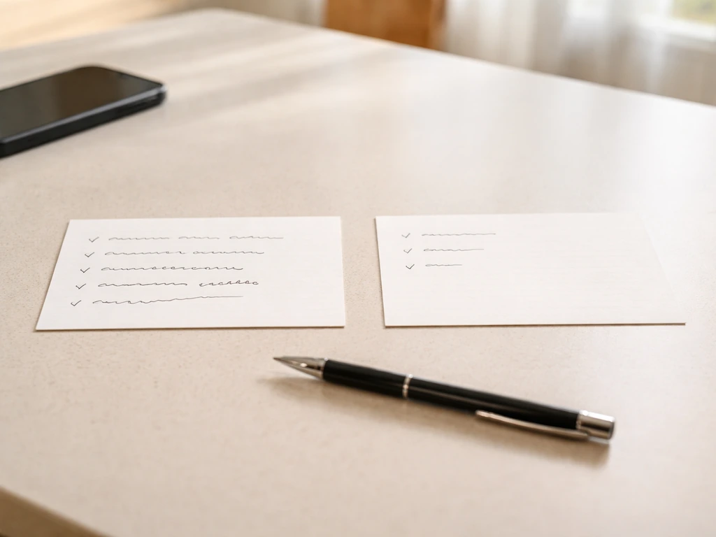 Two side-by-side handwritten review cards on a table, one detail-rich and one vague, with a pen nearby.