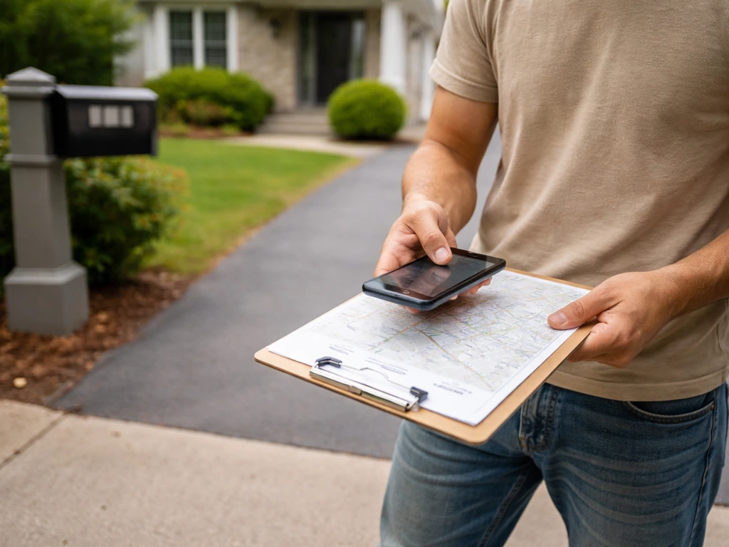 Person checking a street address on a phone and map near a home, verifying the contractor’s location.