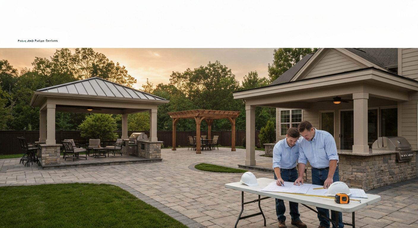 Suburban backyard with new attached patio cover and outdoor kitchen; contractors reviewing blueprints on a table nearby.