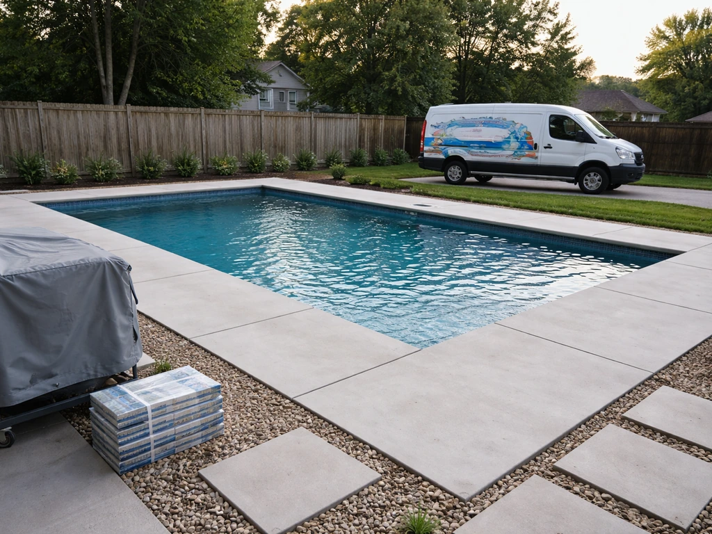 New backyard pool and patio with a branded contractor van, suggesting a pool and patio contractor’s work