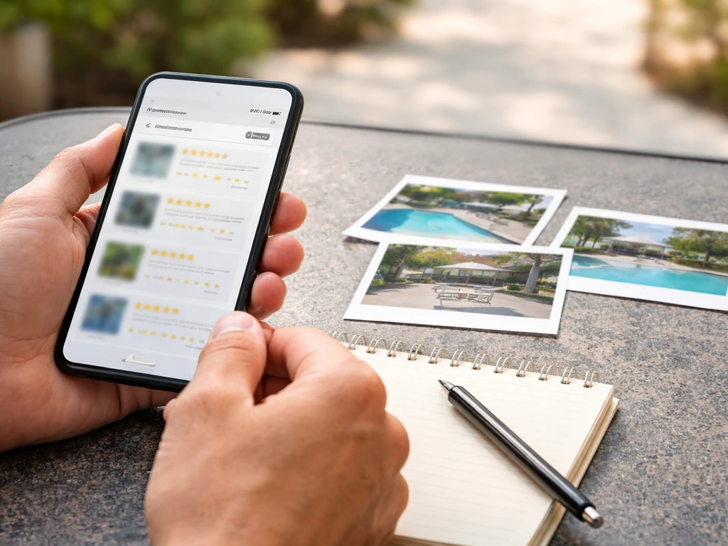 Hands reviewing contractor feedback on a phone over a patio table with photo thumbnails and a notebook.