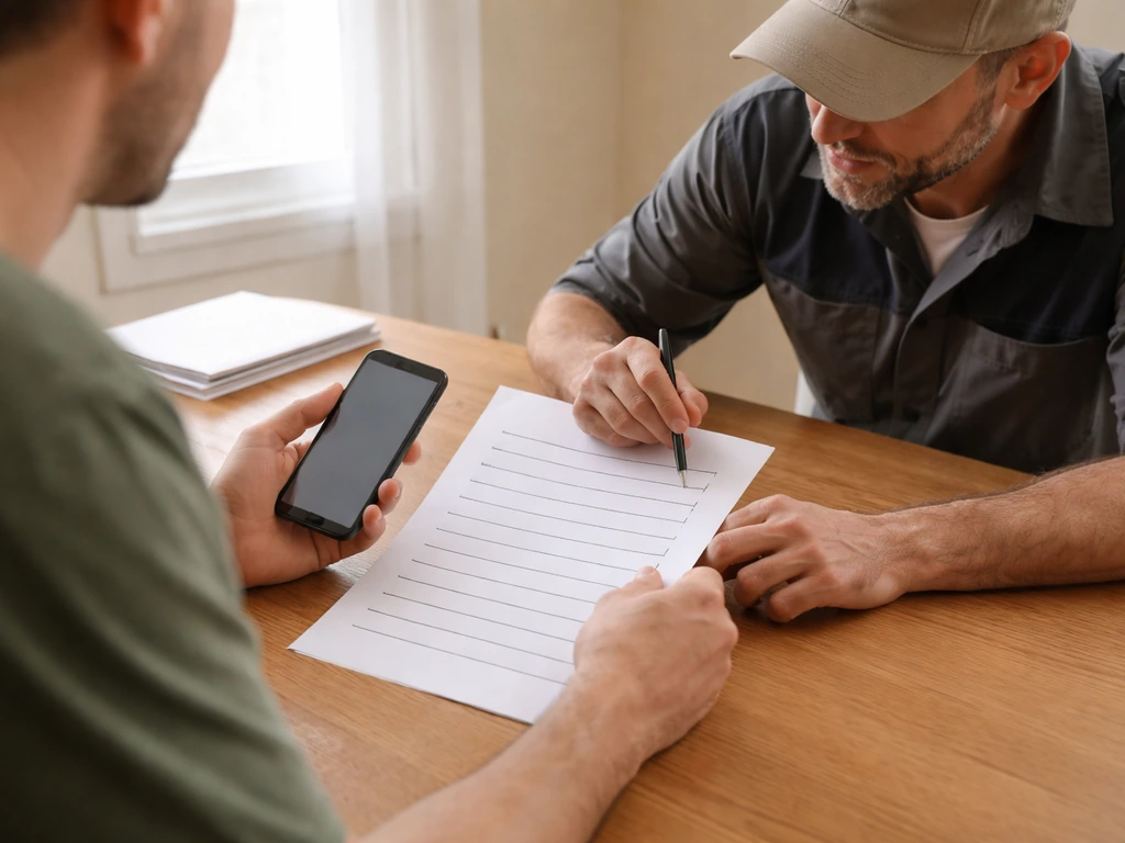 Homeowner and contractor review a printed checklist with a smartphone at a kitchen table.