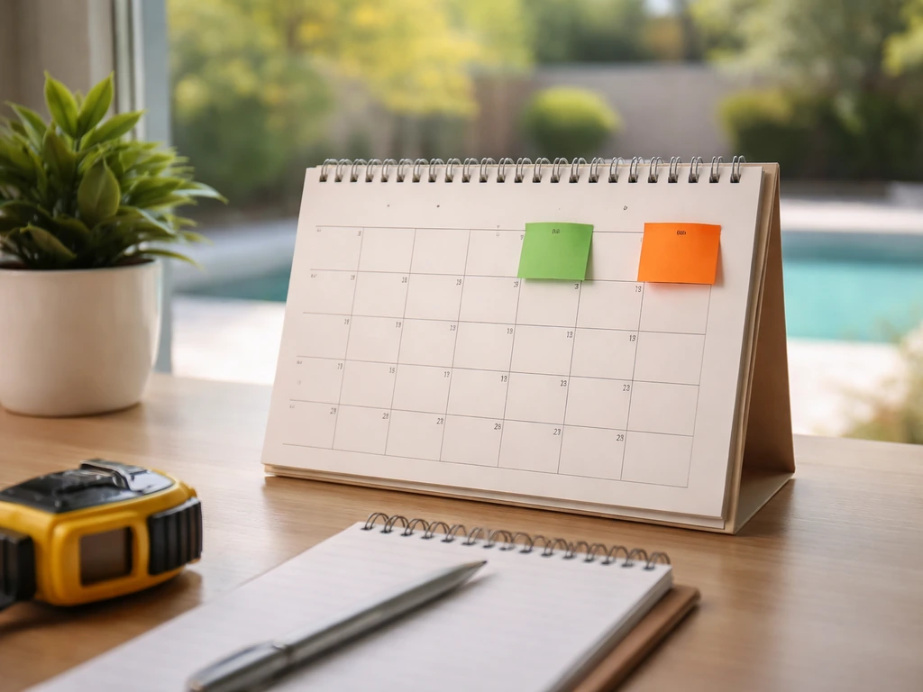 Minimal calendar-like timeline concept with milestone markers for a pool/patio construction schedule