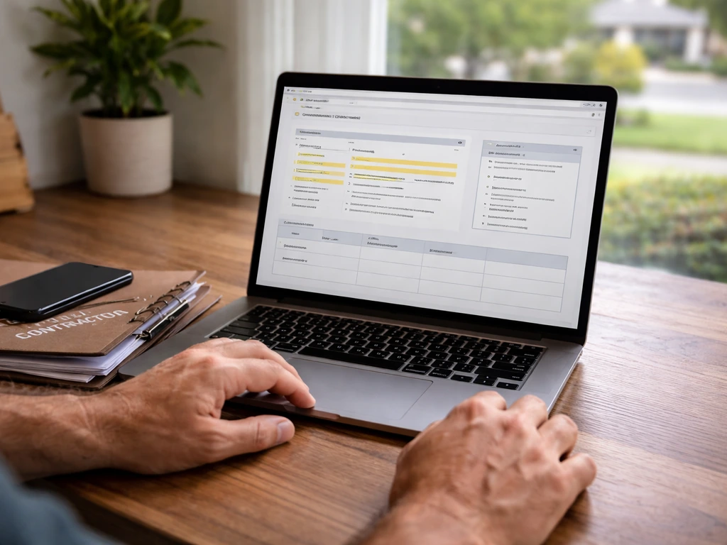 Home contractor review scene with a laptop showing license lookup and a simple comparison layout framework