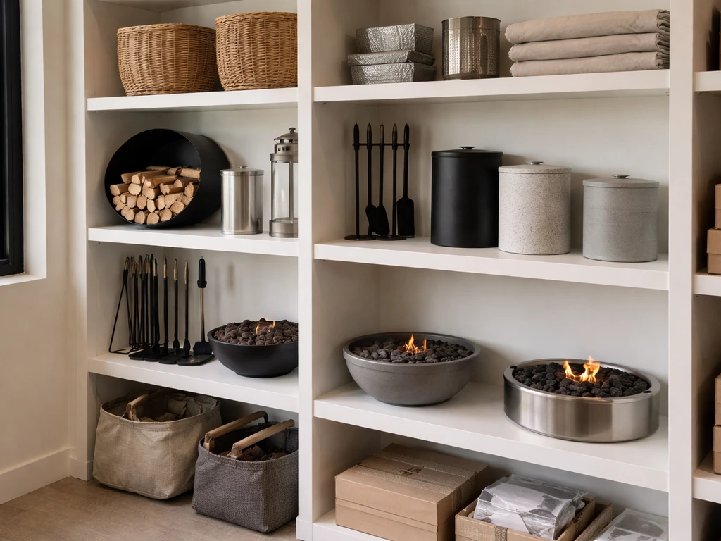 Minimal showroom shelving with hearth and patio products like fire tools and outdoor accessories.