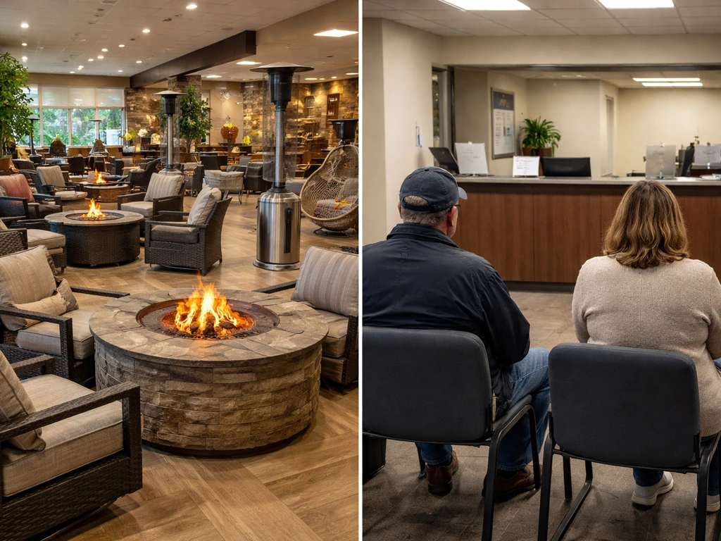 Split view of a well-stocked hearth patio showroom and a quiet waiting/service area suggesting service delays