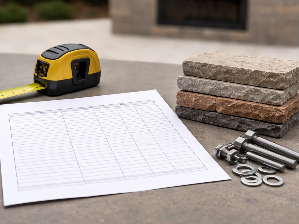 Close-up of an outdoor patio and fireplace materials budget on a simple table