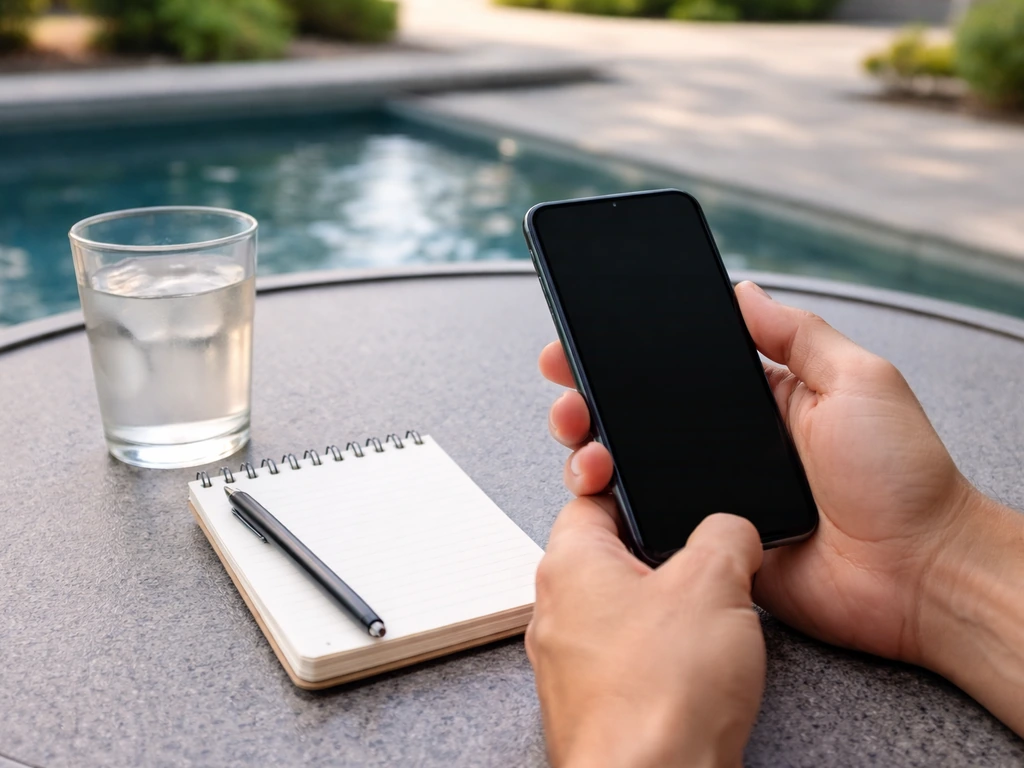 Hands holding a smartphone and notepad on an outdoor table near a blurred pool and driveway.