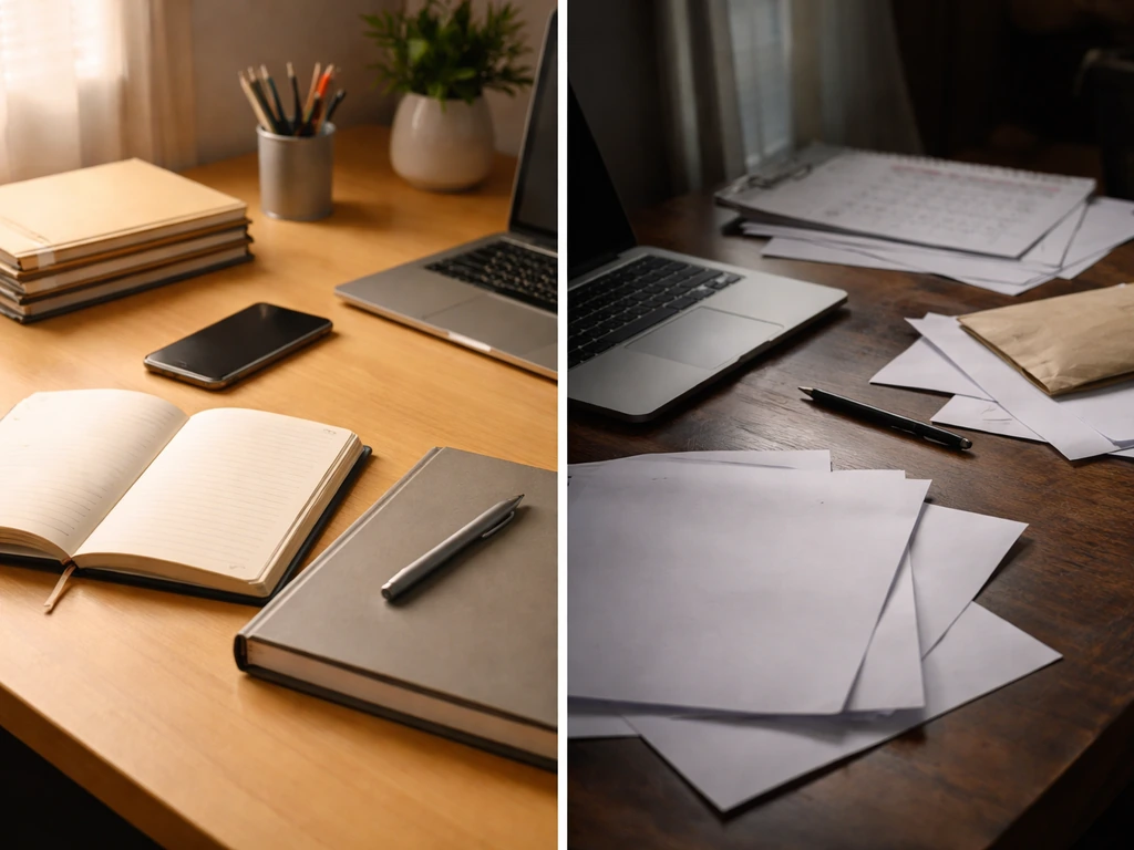Split-screen desk scene showing trust cues on one side and unresolved issues on the other.