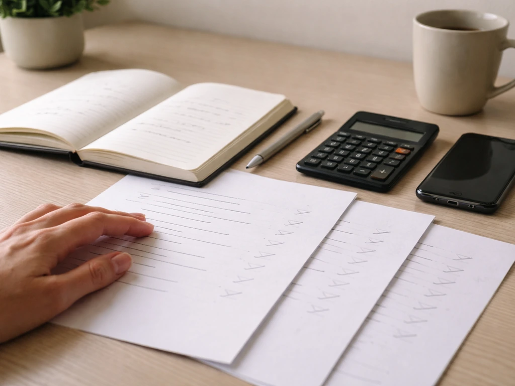 Minimal desk scene with contractor comparison documents and a calculator for evaluating ratings, scope, timelines, and p