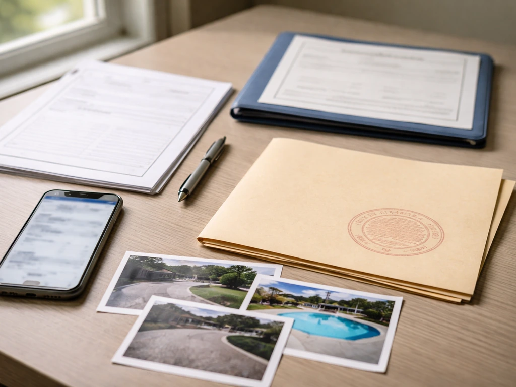 Minimal desk scene with blurred license lookup phone, insurance documents, and a permit folder for vetting a contractor.