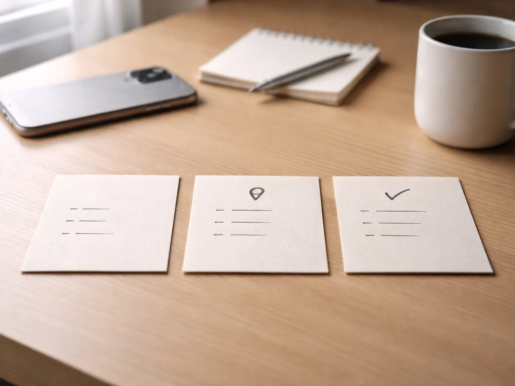 Minimal photo of contractor review checklist concepts using three neutral note cards and a phone on a desk