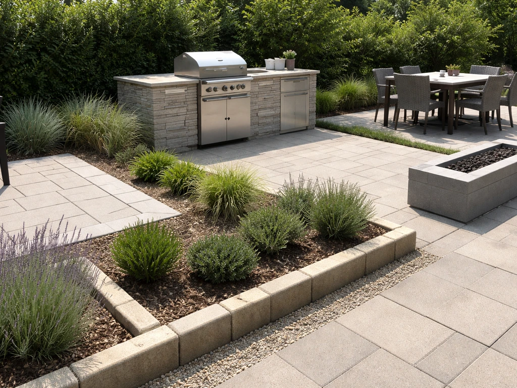 Minimal outdoor display showing three areas: paver patio, outdoor grill counter, and dining with a fire feature.