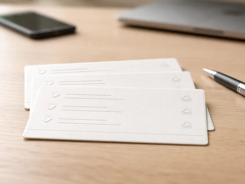 Stack of blank review cards with warning-style symbols on a clean desk, implying repeated review issues.