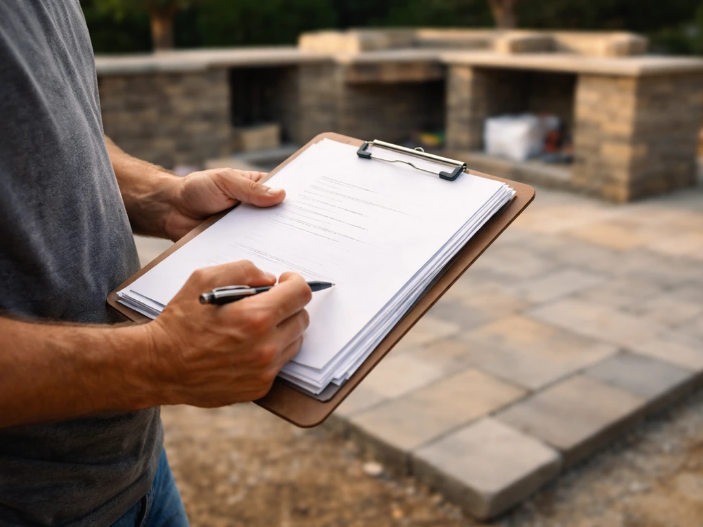 Outdoor contractor estimate meeting at a patio site, clipboard and schedule questions on paper.