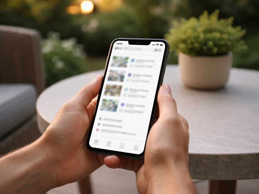 Hands holding a smartphone with blurred business listing screenshots over a simple patio table.