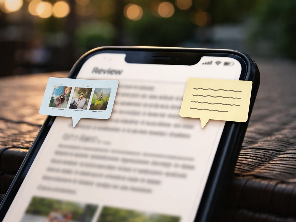 Close-up of a phone on a patio table showing blurred review text with sticky-note callouts.