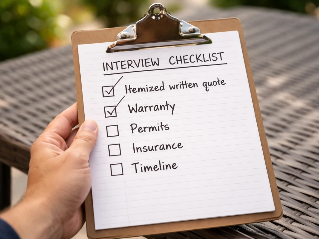 Hand holding a clipboard with a marker-written patio hiring checklist, outdoors in natural light.