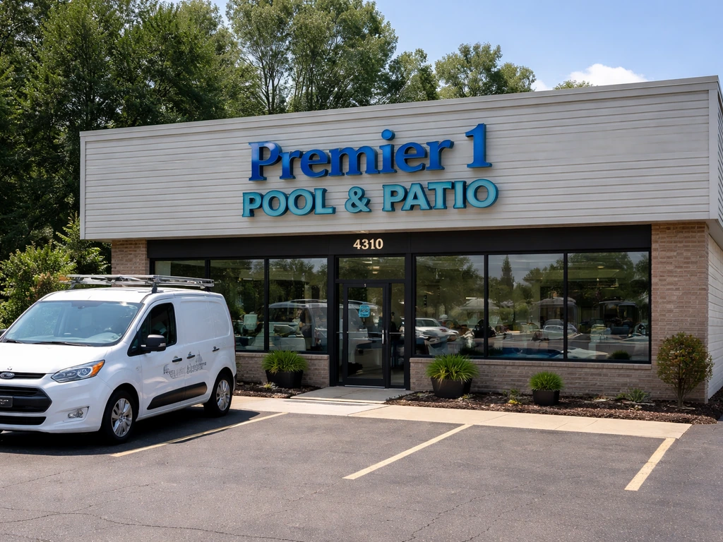 Showroom exterior with visible “Premier 1 Pool & Patio” signage in Stow, Ohio, with a parked service truck.