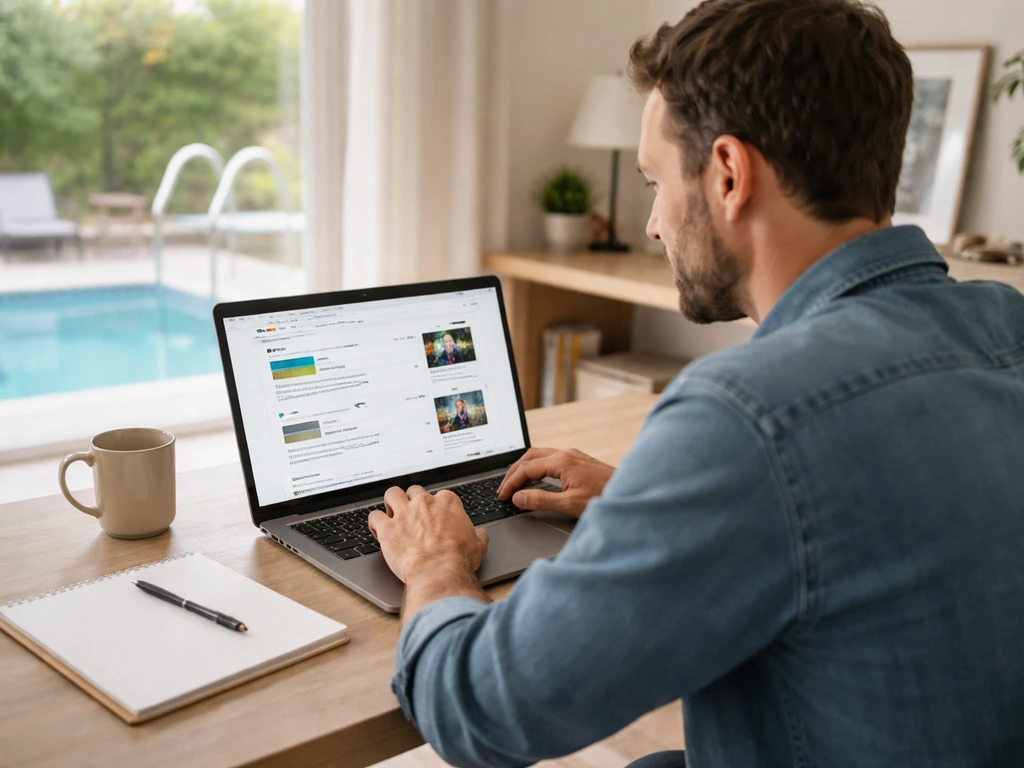 Homeowner at a laptop reviewing online service reviews and checking details on a notepad.