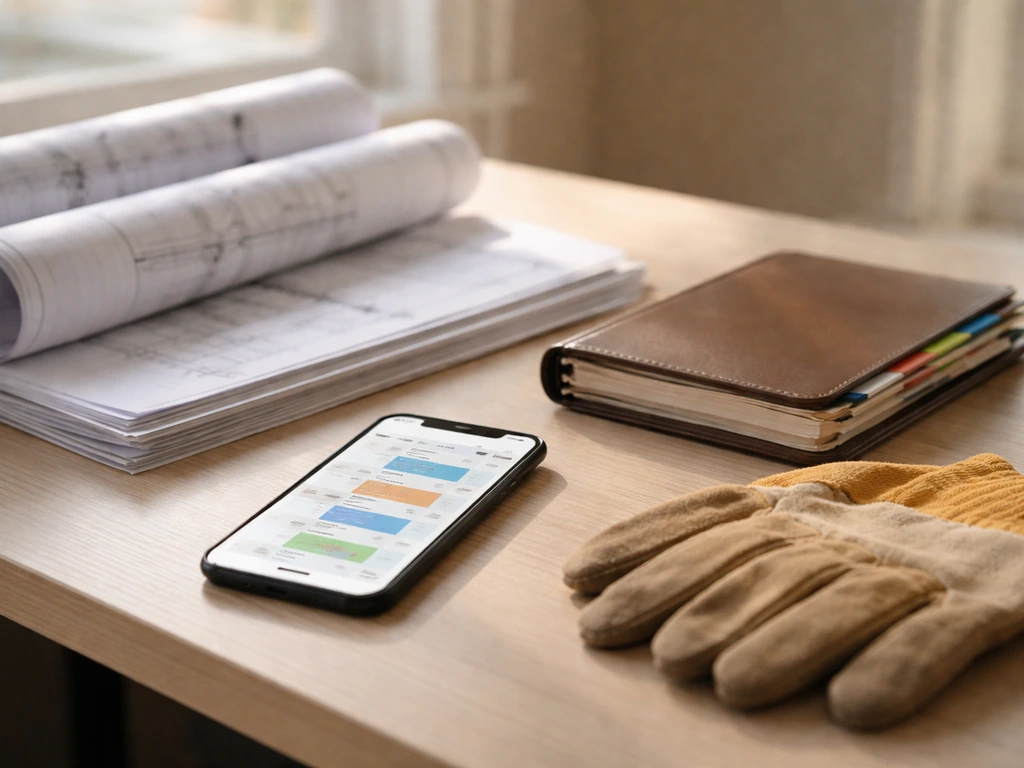 Phone on a desk shows a generic calendar schedule with construction documents nearby, suggesting clear project updates.
