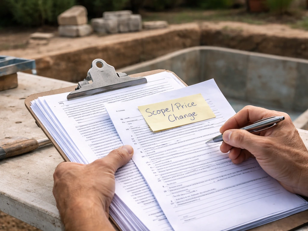 Anonymous worker reviews on-site pool contract documents with a marked scope/price change page.