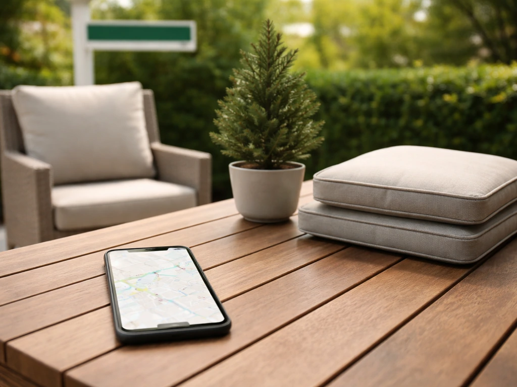Smartphone and patio items on a table illustrating how to verify the correct patio listing location.