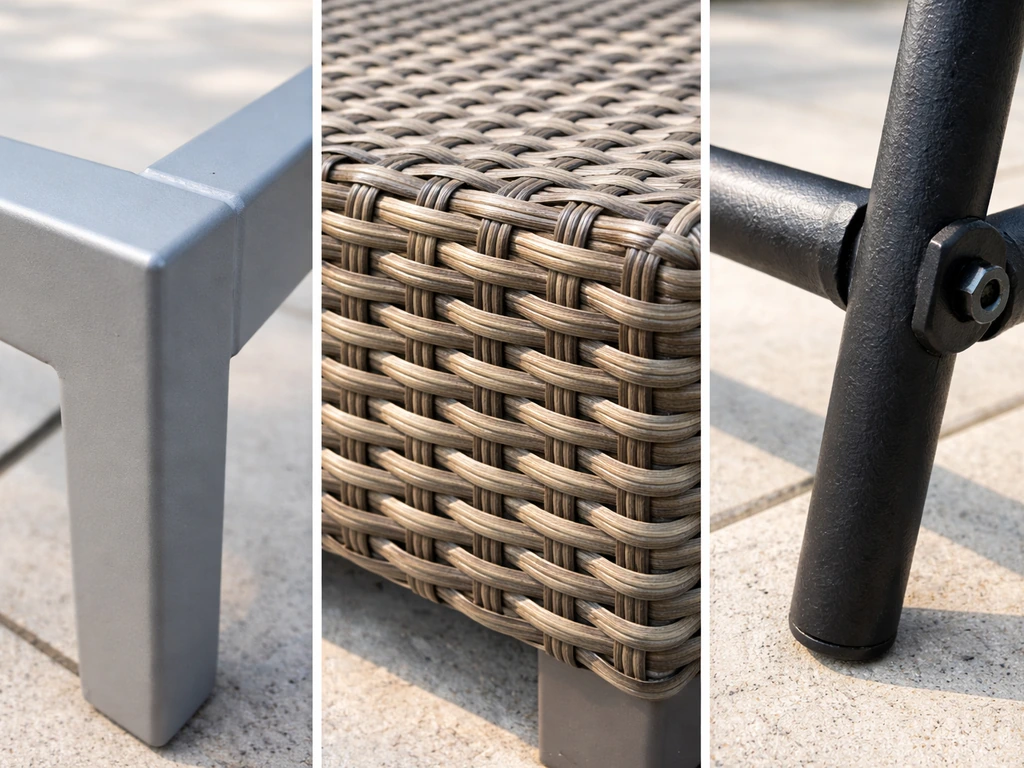 Closeup side-by-side views of powder-coated aluminum, resin wicker, and steel patio furniture components outdoors.