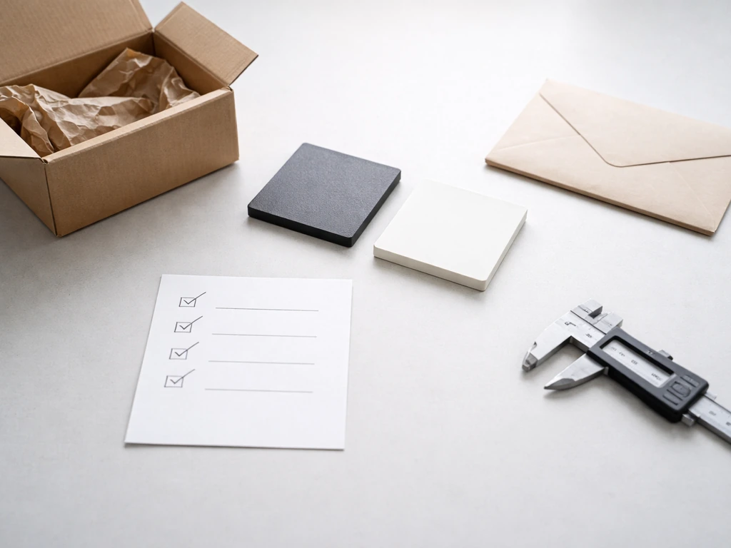 Minimal flat-lay of a delivery box, sample frame material swatches, and a simple checklist card.