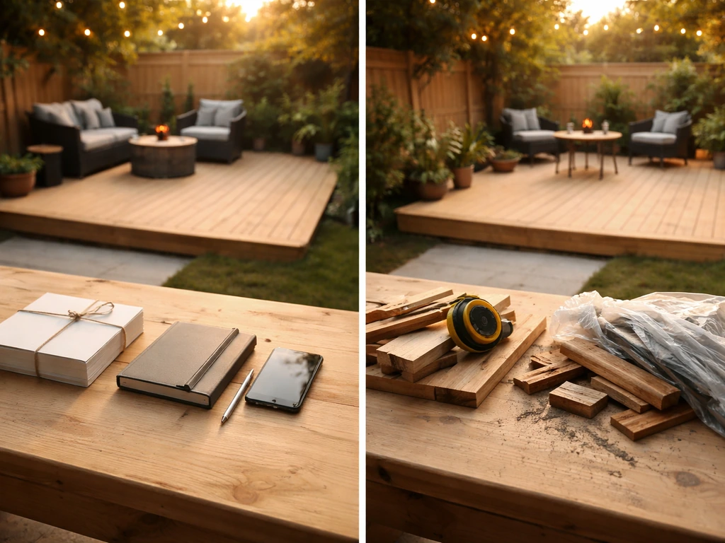 Neat deck on patio with two contrasting piles of handwritten notes—praise and complaints—showing review themes