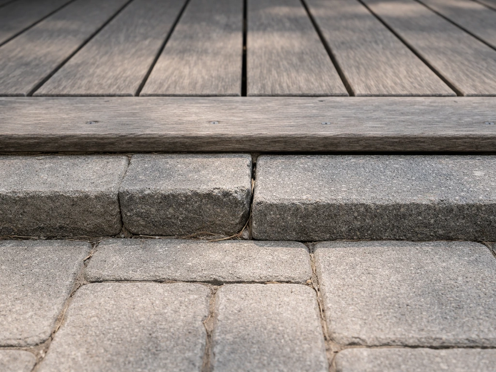 Close-up of a patio deck edge with a slightly uneven paver line suggesting a visible installation concern.
