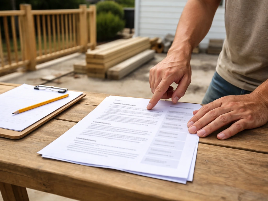 Homeowner and contractor-style paperwork on a table near a deck jobsite outdoors