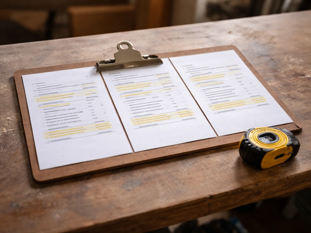 Clipboard with three comparable estimate sheets and a measuring tape on a workbench, side-by-side.