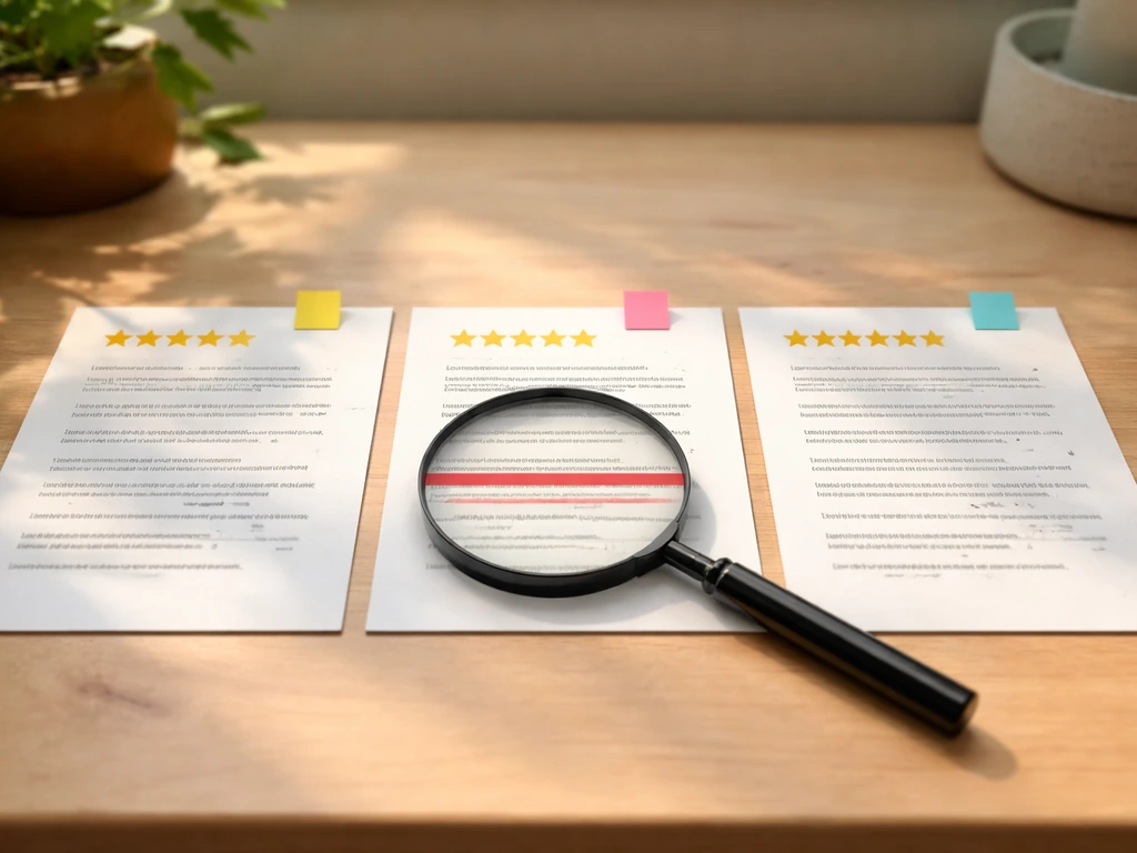 Minimal desk scene with three review snippets and a magnifying glass highlighting a recurring issue.