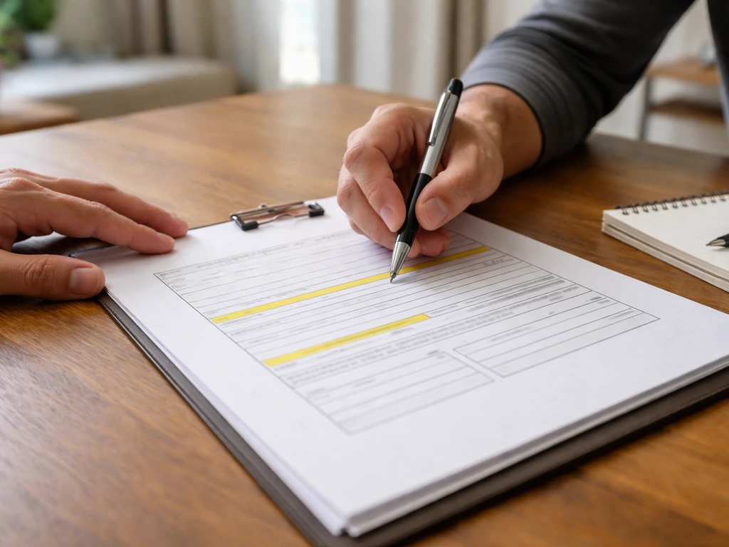 Hands reviewing a patio contractor contract page with highlighted scope and warranty sections