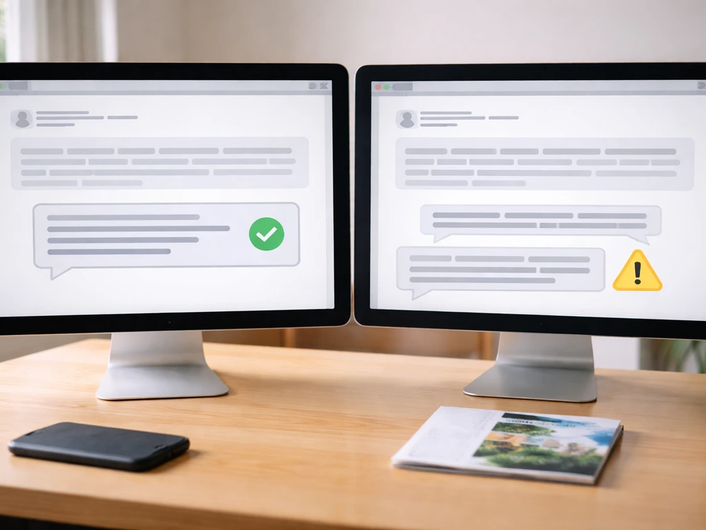 Two side-by-side anonymous review pages on screens showing constructive vs evasive contractor responses.