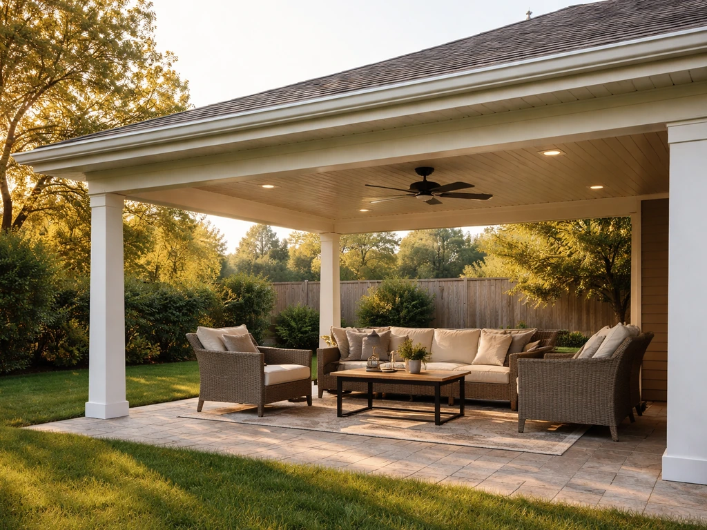 Well-built covered patio in an Ohio suburban backyard with gutters, flashing, and comfortable outdoor seating.
