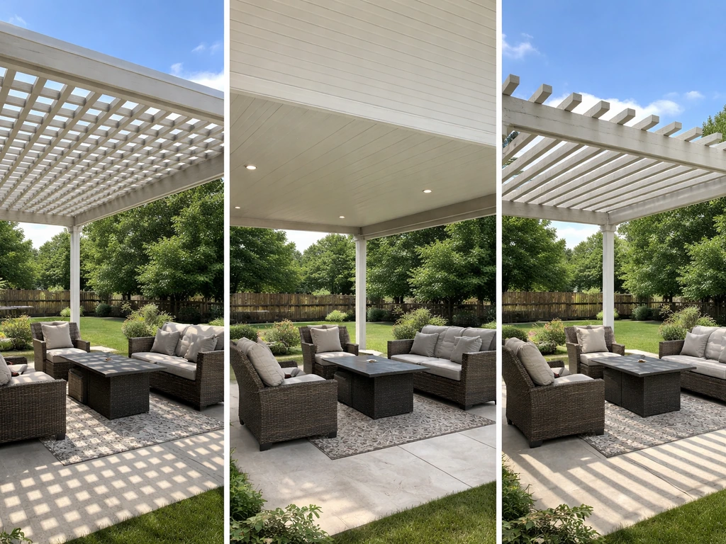 Three sample patio cover styles—open aluminum lattice, solid insulated aluminum, and pergola-style—on a simple home pati