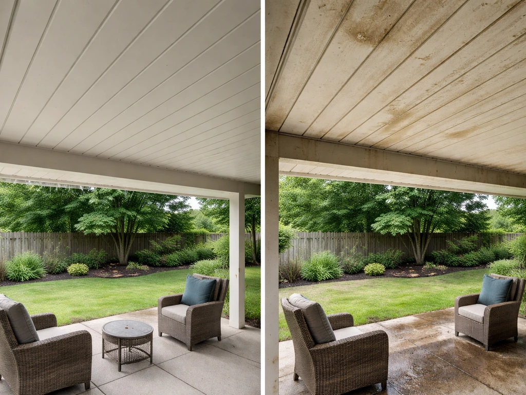 Split image of a clean dry patio cover on the left and a water-stained, dripping misaligned cover on the right.