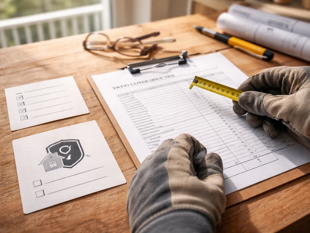 Gloved hands measuring over an itemized patio cover quote with blank checklist cards beside it.