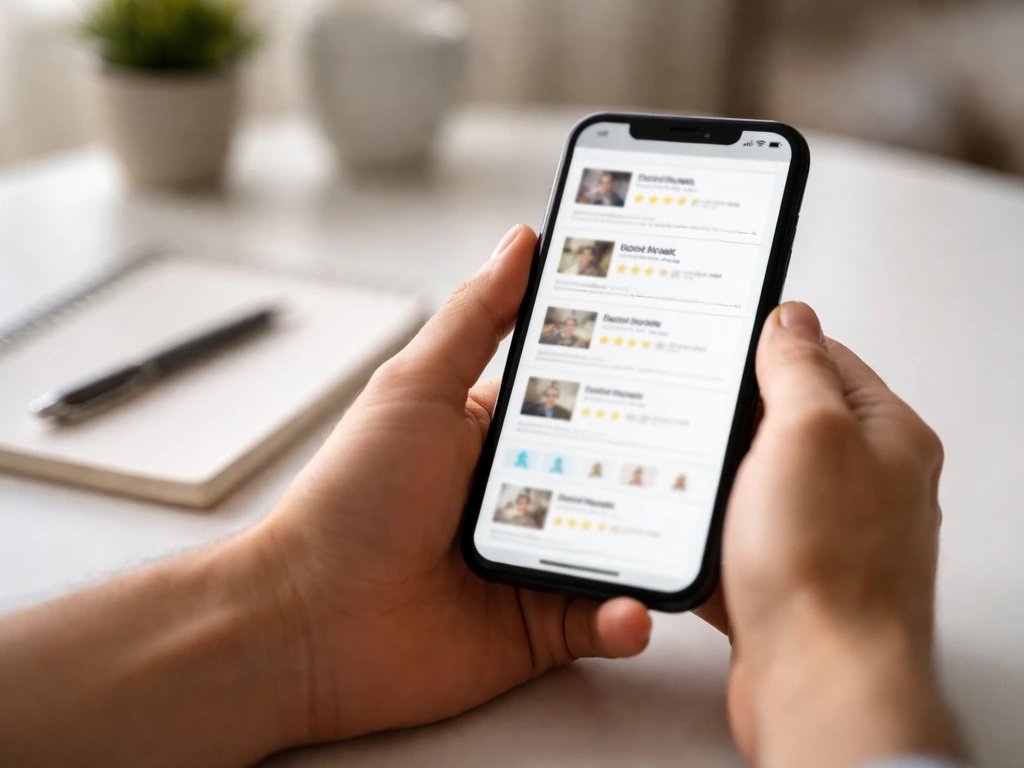 Hands holding a smartphone over a desk with blurred review-listing cards suggesting name variations.