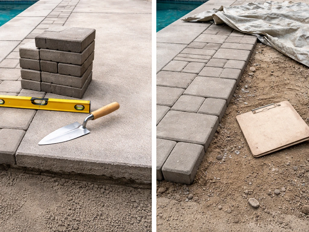 Minimal side-by-side photo tiles showing a pool patio contractor’s tools and a rough checklist board