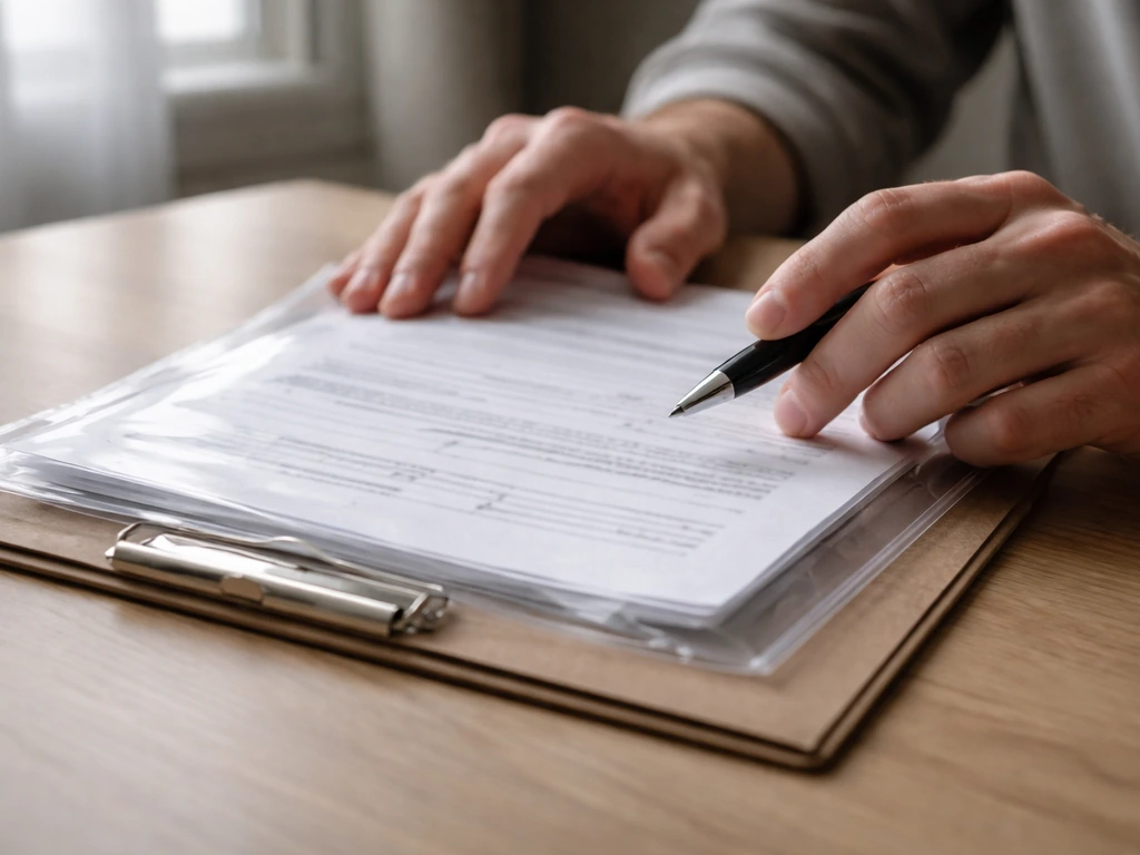 Close-up of hands holding an insurance certificate request folder on a desk with a pen nearby