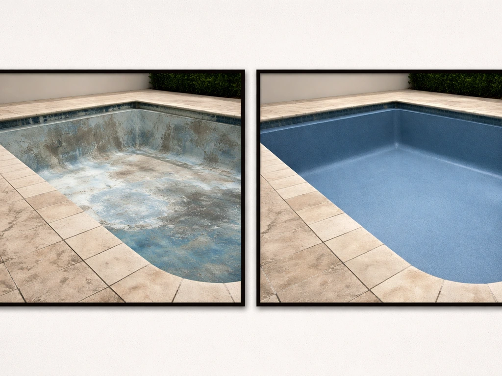 Two side-by-side frames showing worn then resurfaced pool finish in a minimal indoor setting.