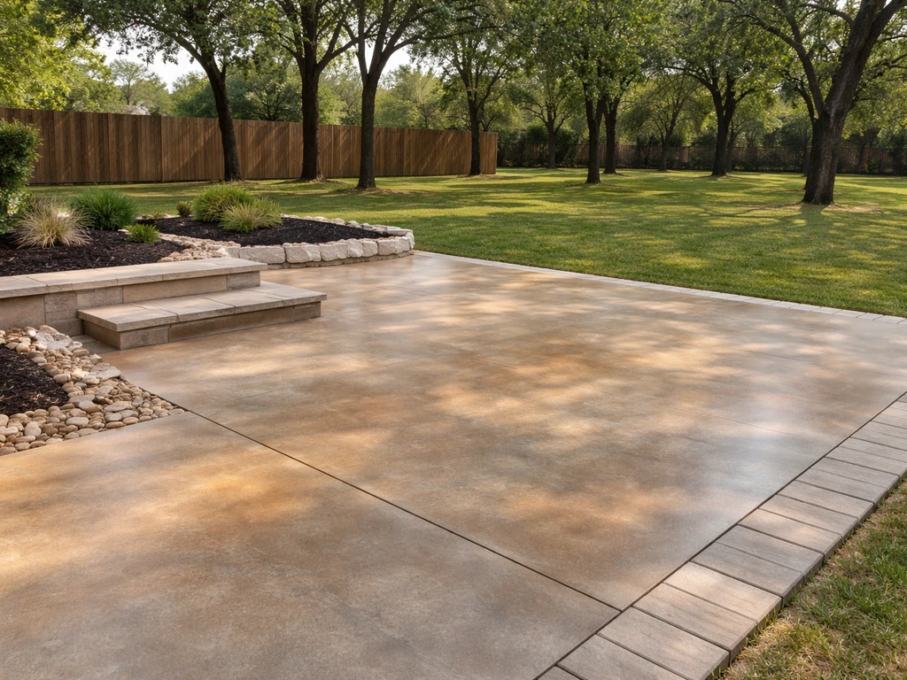 Sunlit Texas backyard patio with stained concrete and pavers, minimal view showing outdoor living space