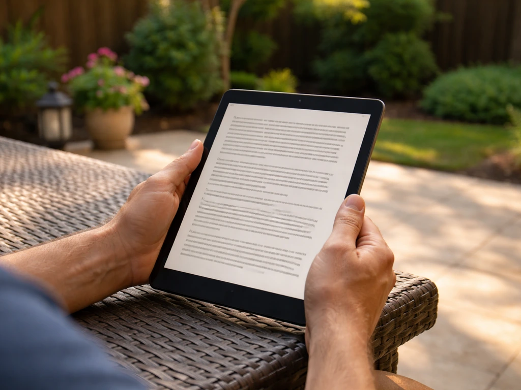 Homeowner reads detailed custom patio review on a tablet in a bright patio setting