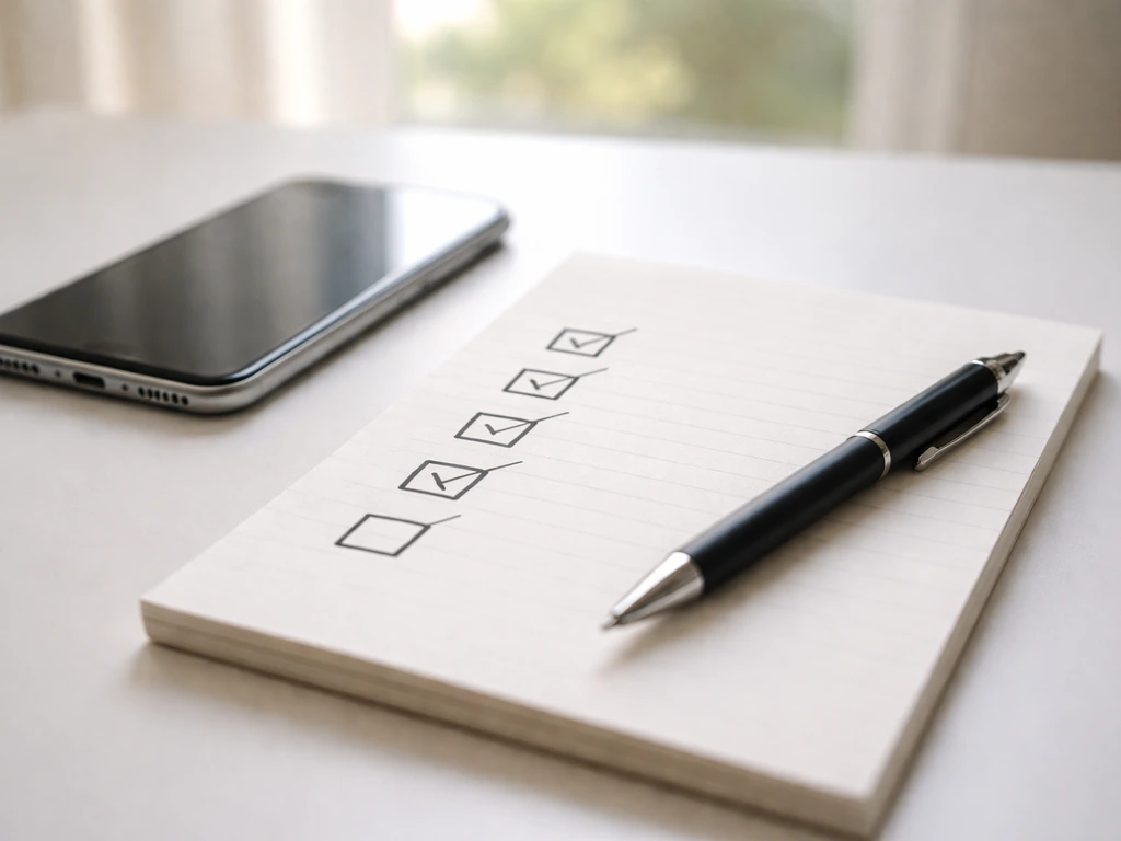 Smartphone on a desk beside a notepad with a simple handwritten checklist and checkmarks.