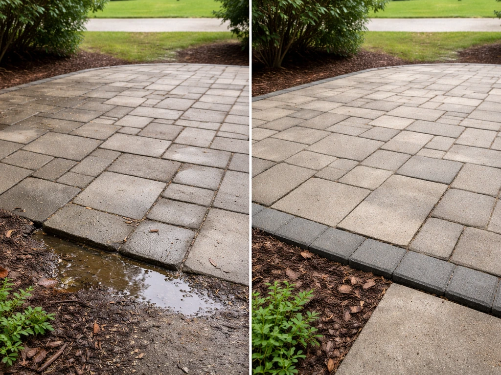 Split view of a patio: left patchy uneven pavers with water runoff, right level clean patio with neat edging.