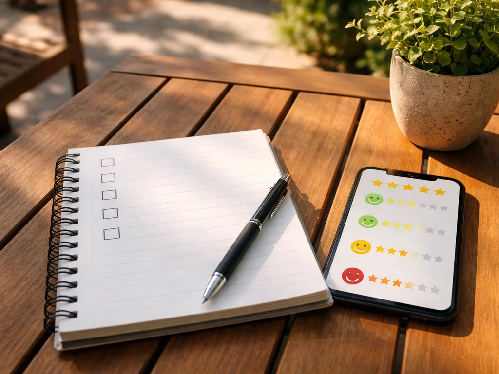 Outdoor patio table with a blank checklist notepad and pen beside a smartphone showing generic review icons.